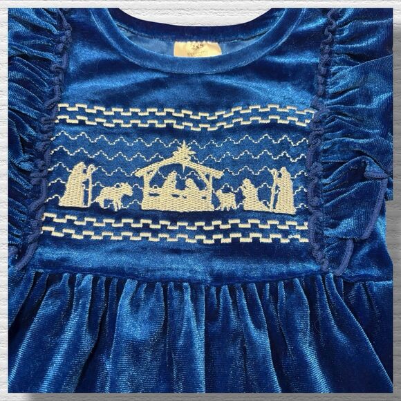 Girls Blue Velvet Nativity Dress 2T Christmas Long Sleeve Ruffle Holiday - Picture 2 of 7